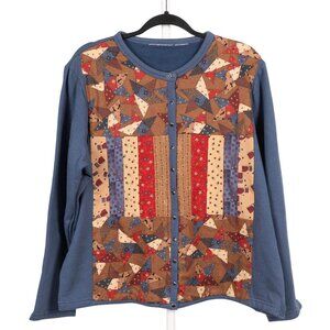 Patriotic Patchwork Cardigan Sweatshirt L Blue Red Stars July 4th USA 90s Mom